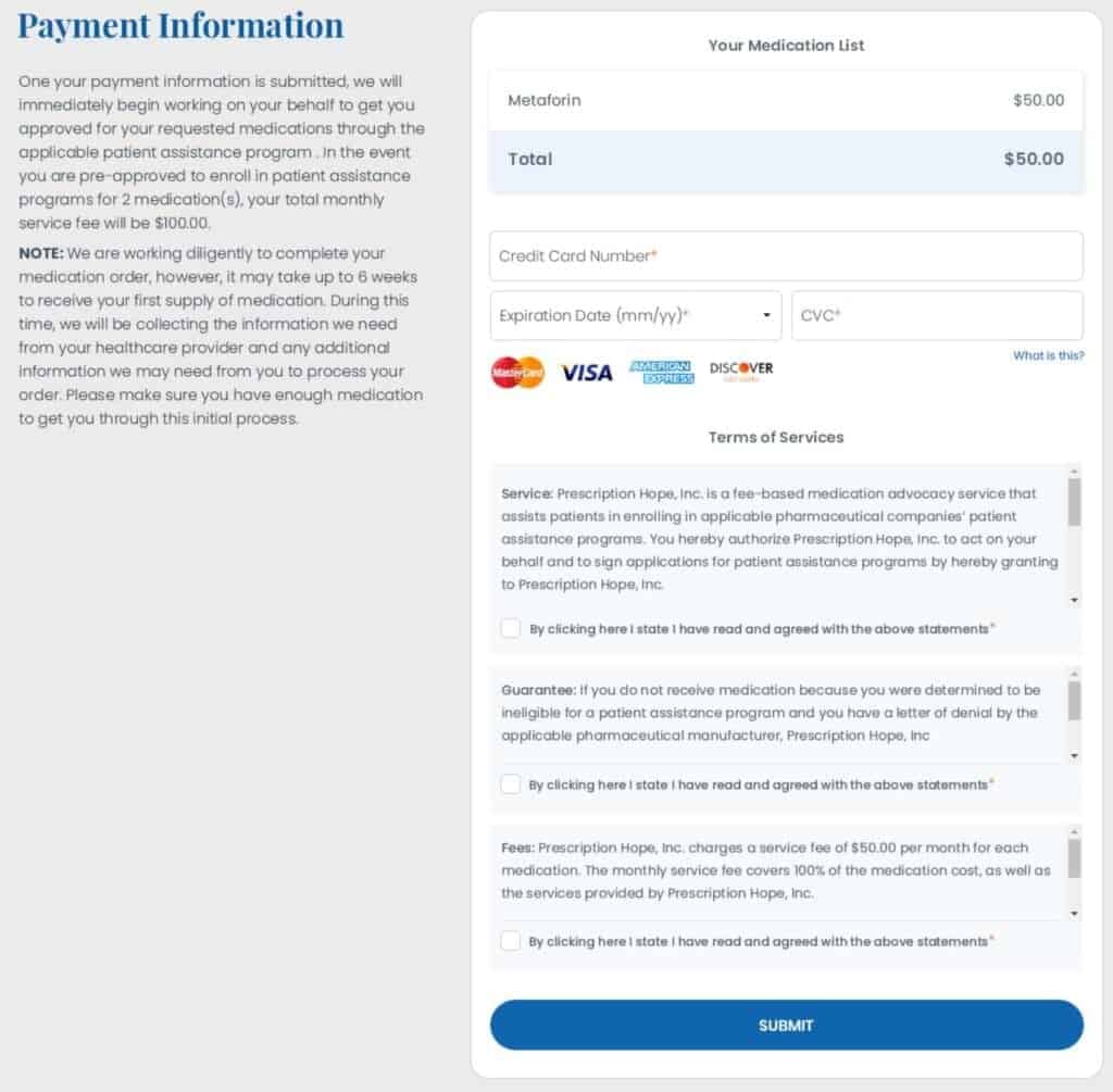 Payment method for Prescription Hope